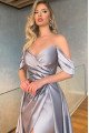 Isabel Elegant Silver Off Shoulder Side Slit Beading A-Line Prom Dresses