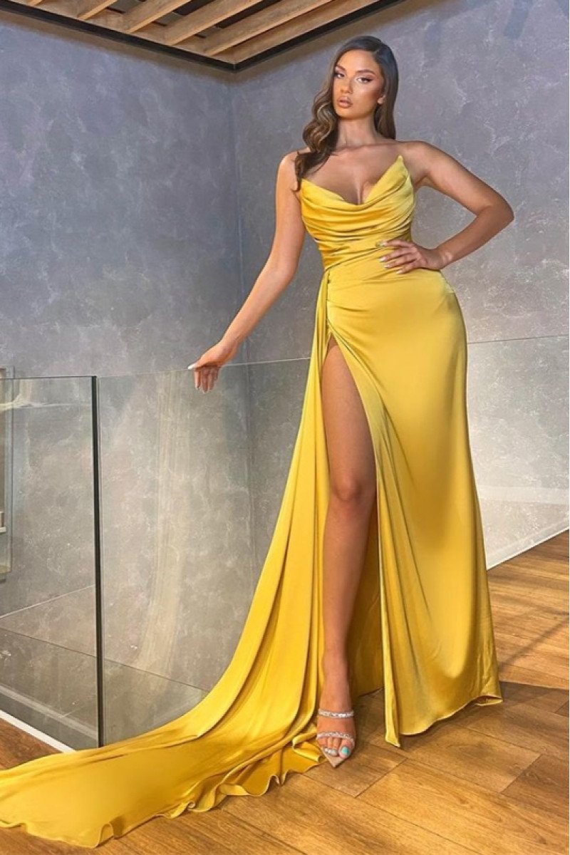 Jane Gentle Gold Sweetheart Side Slit Sheath Prom Dresses With Court Train