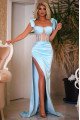 Janet Mild Sky Blue Square Side Slit Sheath Prom Dresses With Bowknot Straps