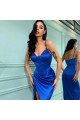 Janice Sexy Royal Blue Spaghetti Straps Side Slit Sheath Prom Dresses With Crystal