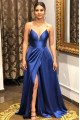 Jean Gentle Dark Blue Spaghetti Straps Open Back Side Slit A-Line Prom Dresses