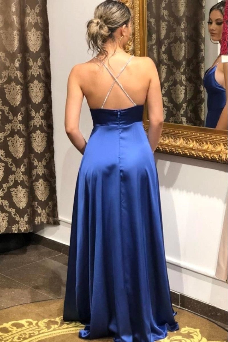 Jean Gentle Dark Blue Spaghetti Straps Open Back Side Slit A-Line Prom Dresses