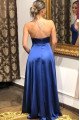 Jean Gentle Dark Blue Spaghetti Straps Open Back Side Slit A-Line Prom Dresses