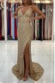 Jeanne Sparkle Champagne Sequins Spaghetti Straps Open Back Sheath Prom Dresses