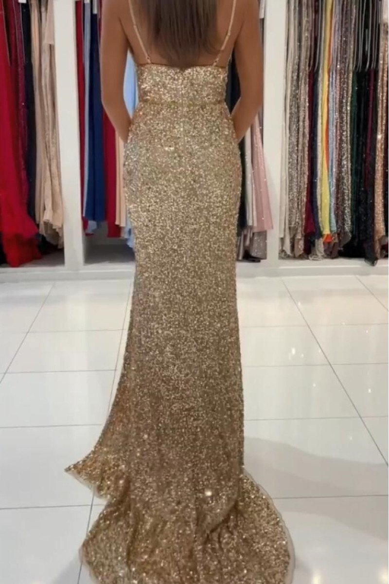 Jeanne Sparkle Champagne Sequins Spaghetti Straps Open Back Sheath Prom Dresses