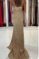 Jeanne Sparkle Champagne Sequins Spaghetti Straps Open Back Sheath Prom Dresses