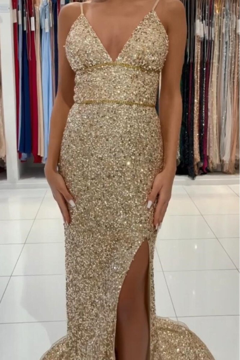 Jeanne Sparkle Champagne Sequins Spaghetti Straps Open Back Sheath Prom Dresses