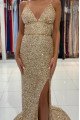 Jeanne Sparkle Champagne Sequins Spaghetti Straps Open Back Sheath Prom Dresses