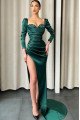 Alison Gentle Dark Green Square Long Sleeves Side Slit Sheath Prom Dresses With Crystal