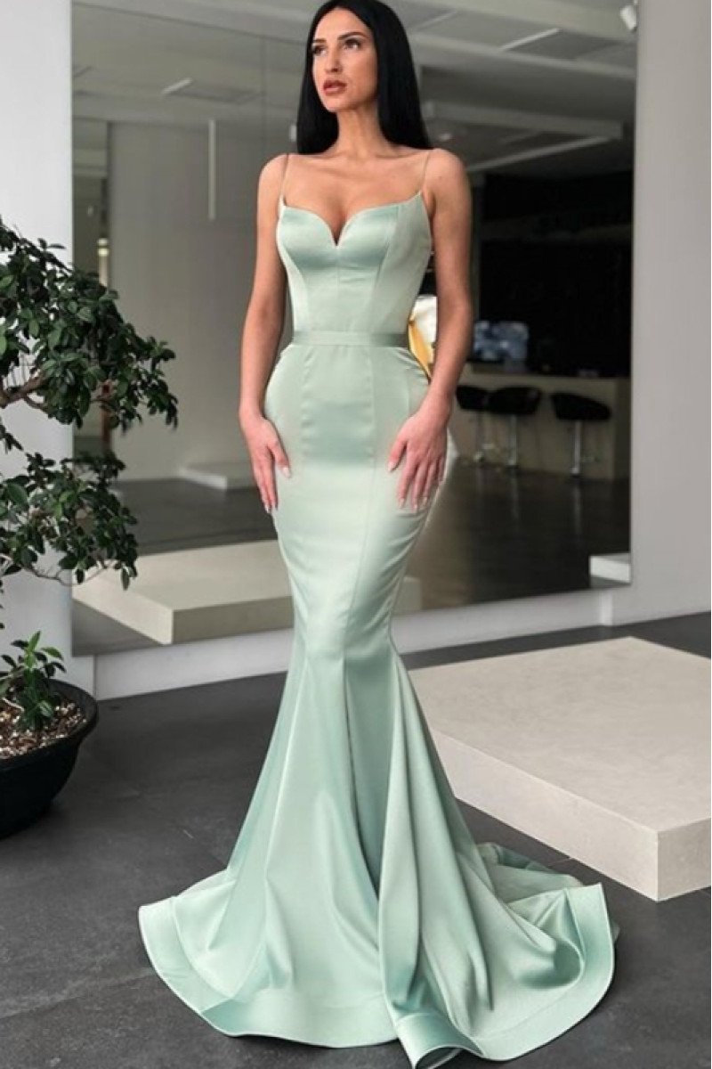 Alma Mild Sage Spaghetti Straps Sleeveless Mermaid Prom Dresses