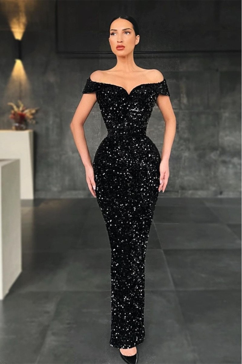 Alva Sparkle Black Sequins Off Shoulder Sheath Prom Dresses