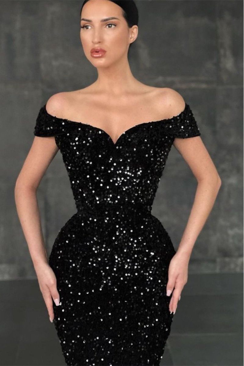 Alva Sparkle Black Sequins Off Shoulder Sheath Prom Dresses