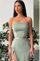 Amanda Beautiful Sage Strapless Side Slit Beading Sheath Prom Dresses