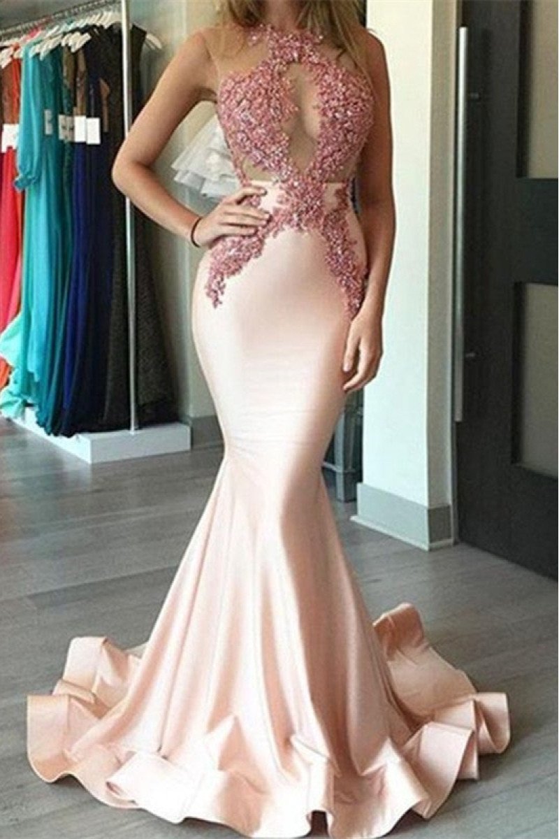 Amber Fancy Nude Pink Halter Open Back Appliques Mermaid Prom Dresses