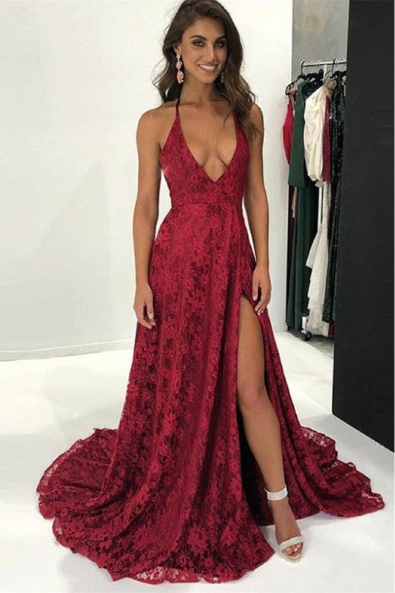 Amy Sexy Burgundy Halter Side Slit Backless Lace A-line Prom Dresses