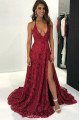 Amy Sexy Burgundy Halter Side Slit Backless Lace A-line Prom Dresses