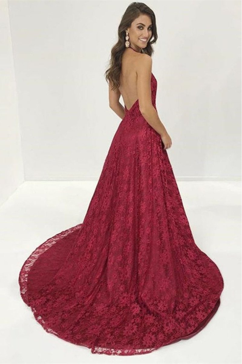 Amy Sexy Burgundy Halter Side Slit Backless Lace A-line Prom Dresses