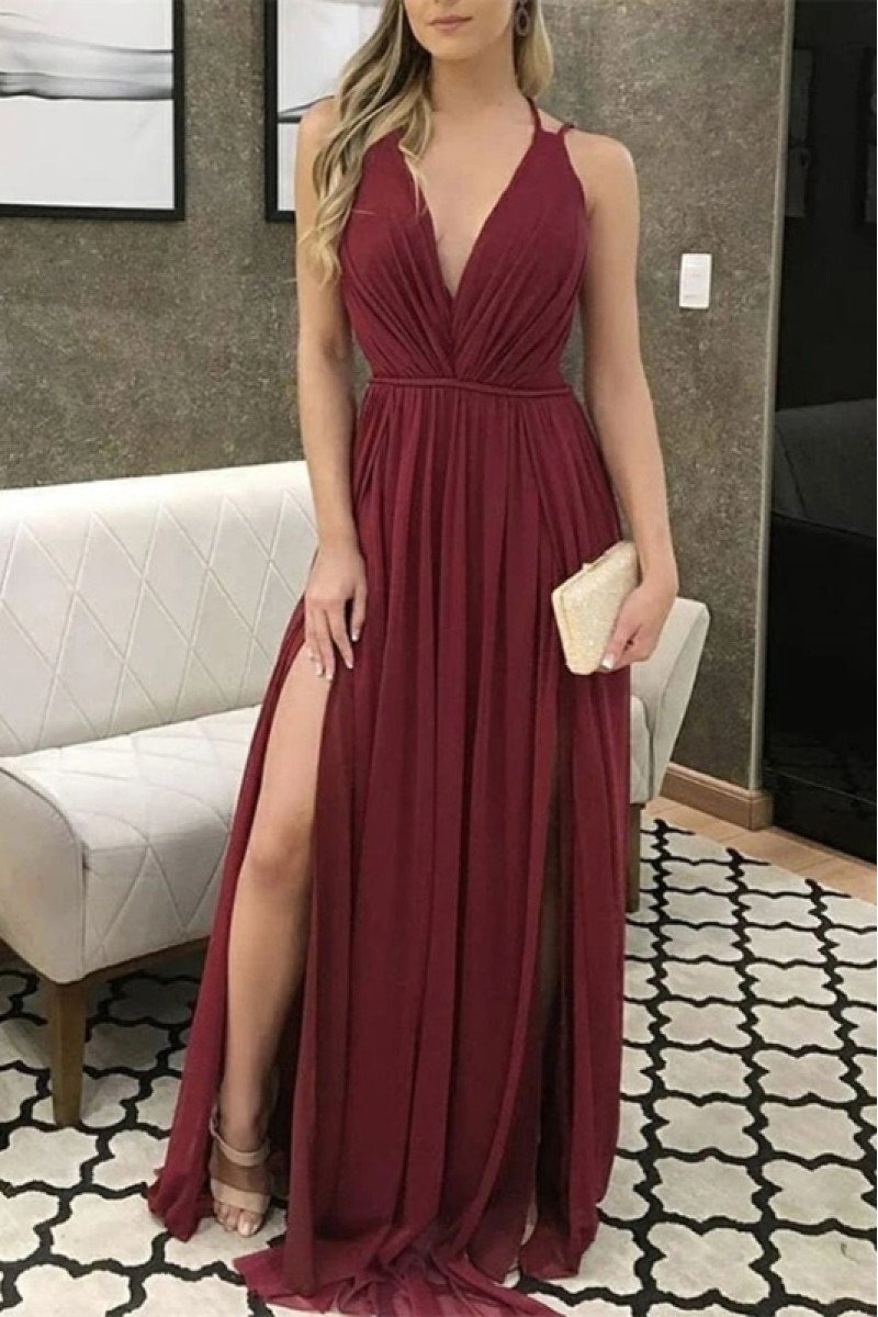 Angel Gentle Burgundy Halter Open Back Side Slit Sheath Prom Dresses