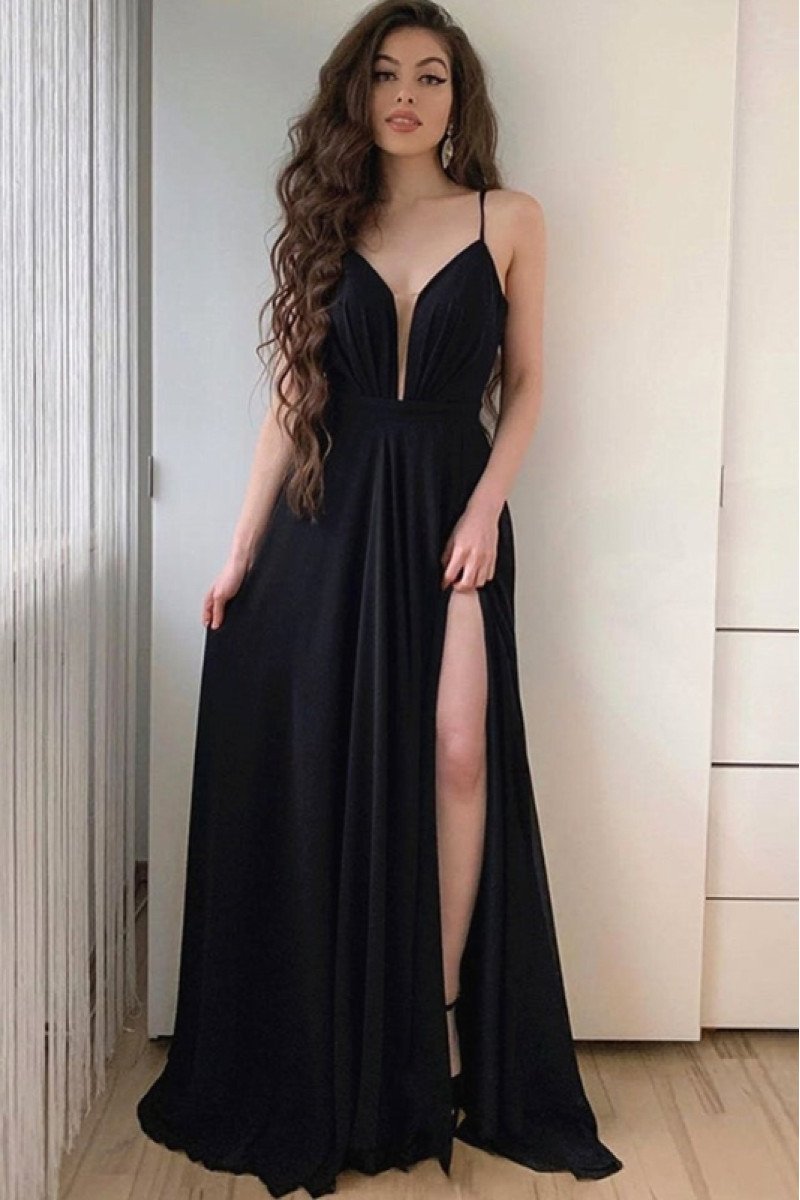 Angela Sexy Black Spaghetti Straps Side Slit Sheath Prom Dresses