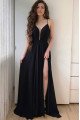 Angela Sexy Black Spaghetti Straps Side Slit Sheath Prom Dresses