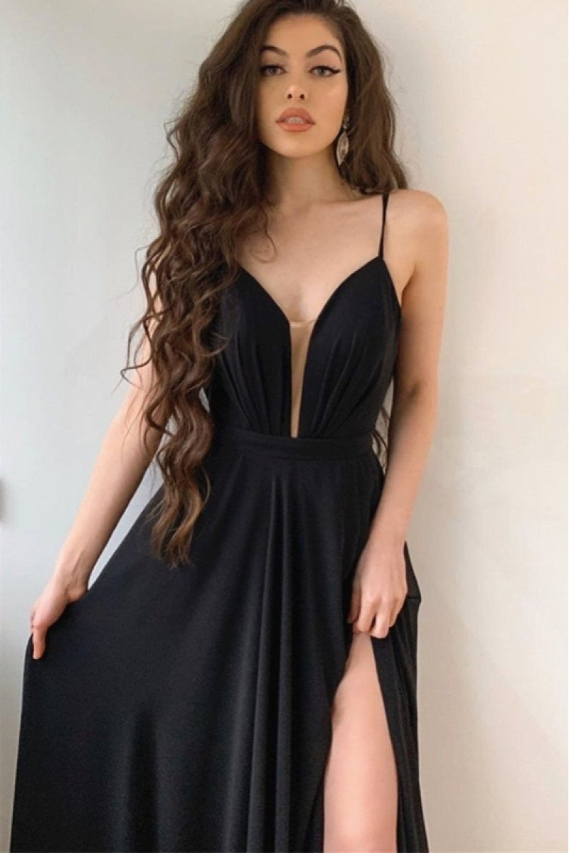 Angela Sexy Black Spaghetti Straps Side Slit Sheath Prom Dresses