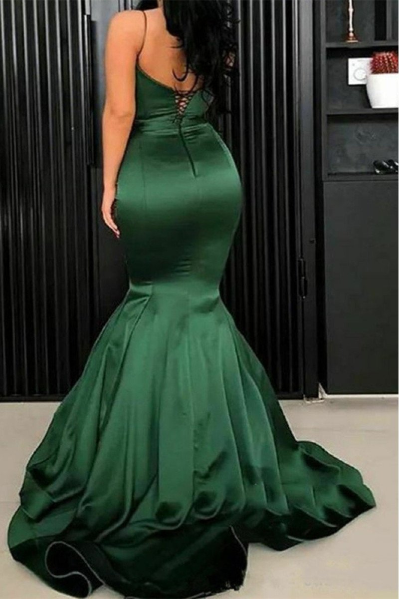 Angle Sexy Dark Green Spaghetti Straps Open Back Mermaid Prom Dresses