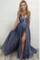 Ann Fancy Dark Navy Halter Side Slit Open Back Sequins Sheath Prom Dresses