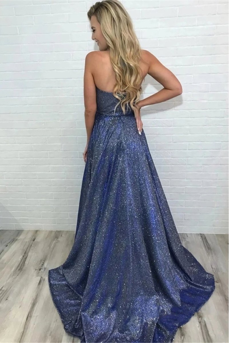 Ann Fancy Dark Navy Halter Side Slit Open Back Sequins Sheath Prom Dresses