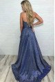 Ann Fancy Dark Navy Halter Side Slit Open Back Sequins Sheath Prom Dresses