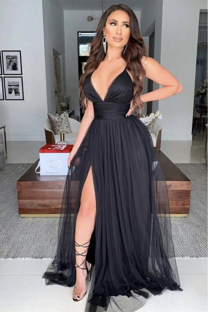 Annabelle Sexy Black Halter Side Slit Backless A-line Prom Dresses