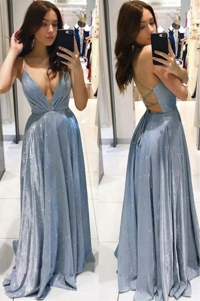 Annie Sexy Gray Spaghetti Straps Open Back Sequins Sheath Prom Dresses