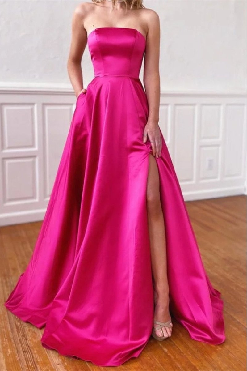 Antonia Elegant Fuchsia Strapless Open Back Side Slit A-Line Prom Dresses