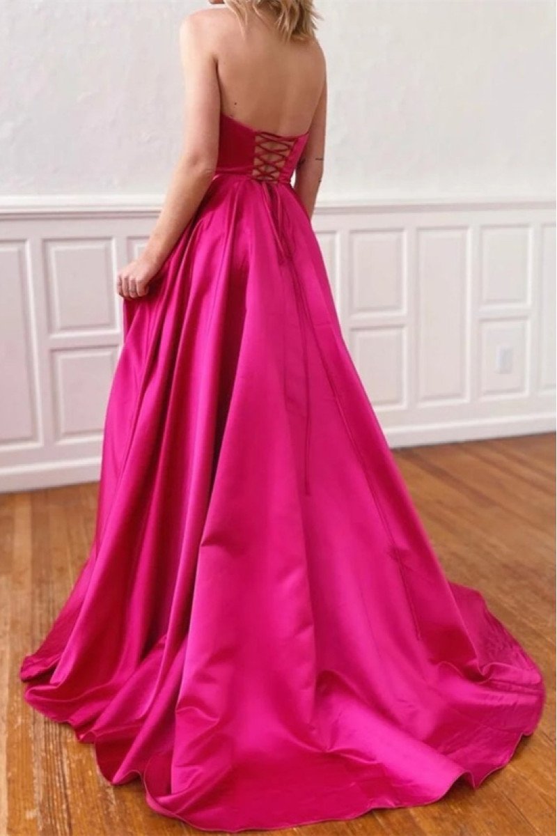 Antonia Elegant Fuchsia Strapless Open Back Side Slit A-Line Prom Dresses