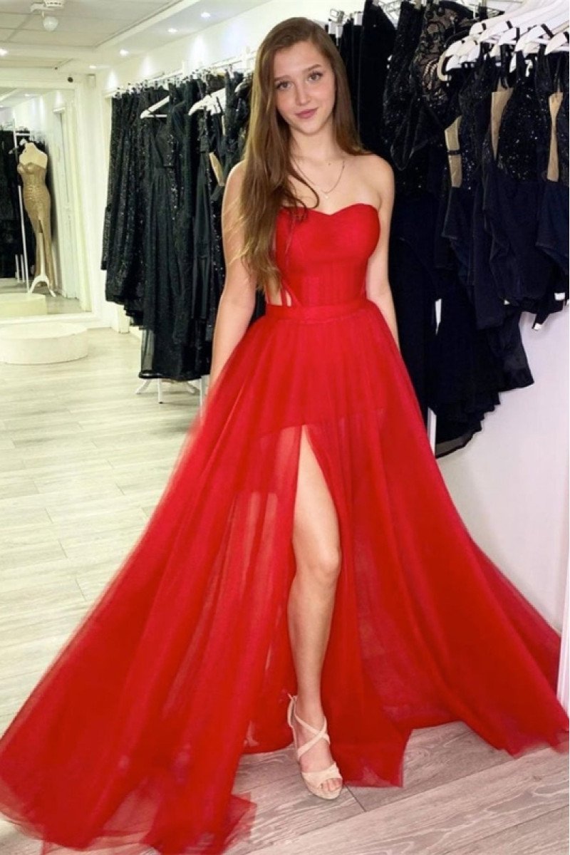 April Modern Red Sweetheart Side Slit Open Back A-Line Prom Dresses