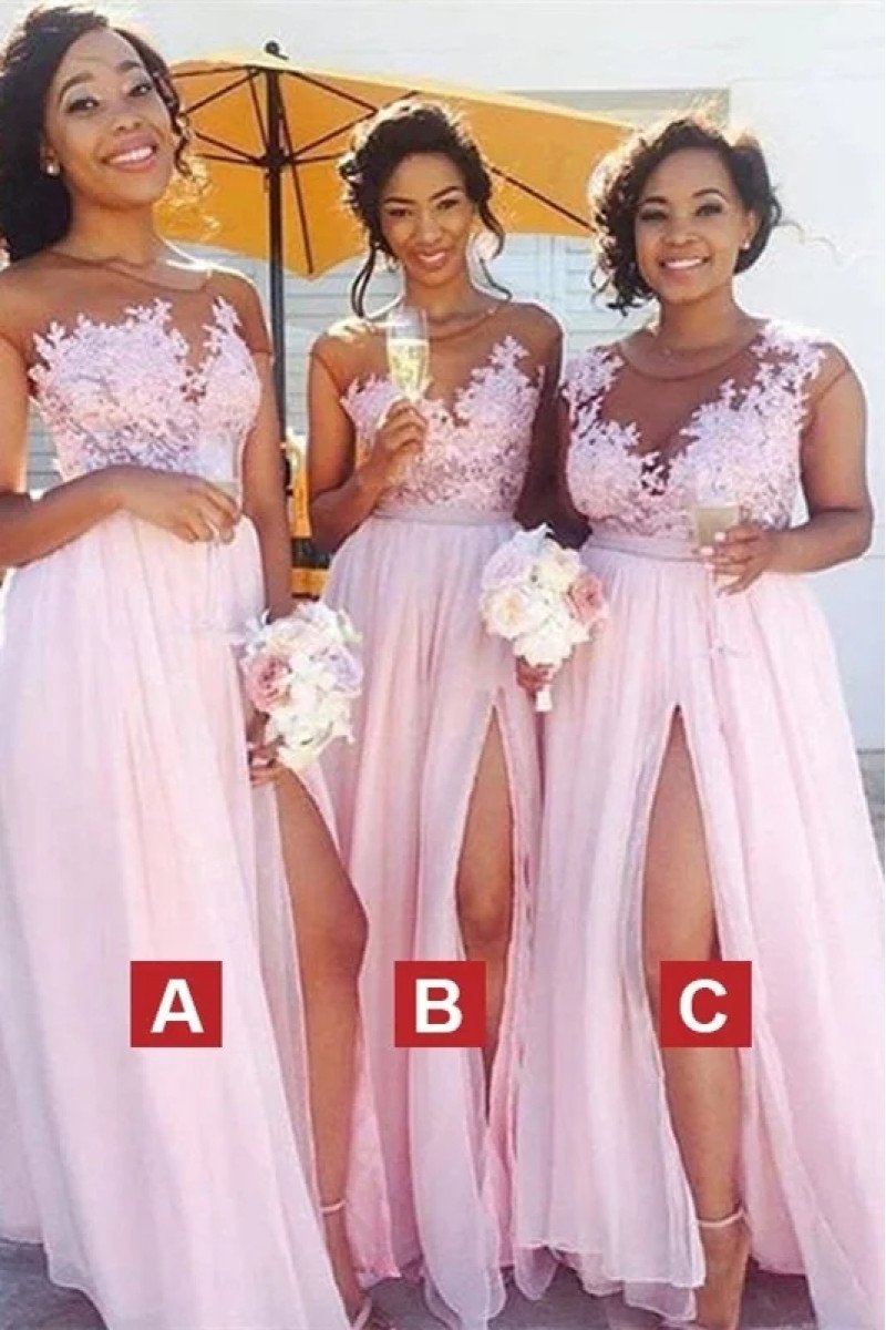 Alexia Lovely Candy Pink Sheer Straps Side Slit Appliques Sheath Bridesmaid Dresses