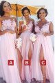 Alexia Lovely Candy Pink Sheer Straps Side Slit Appliques Sheath Bridesmaid Dresses