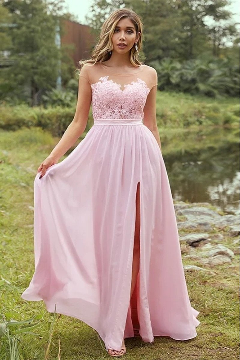 Alexia Lovely Candy Pink Sheer Straps Side Slit Appliques Sheath Bridesmaid Dresses