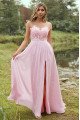 Alexia Lovely Candy Pink Sheer Straps Side Slit Appliques Sheath Bridesmaid Dresses