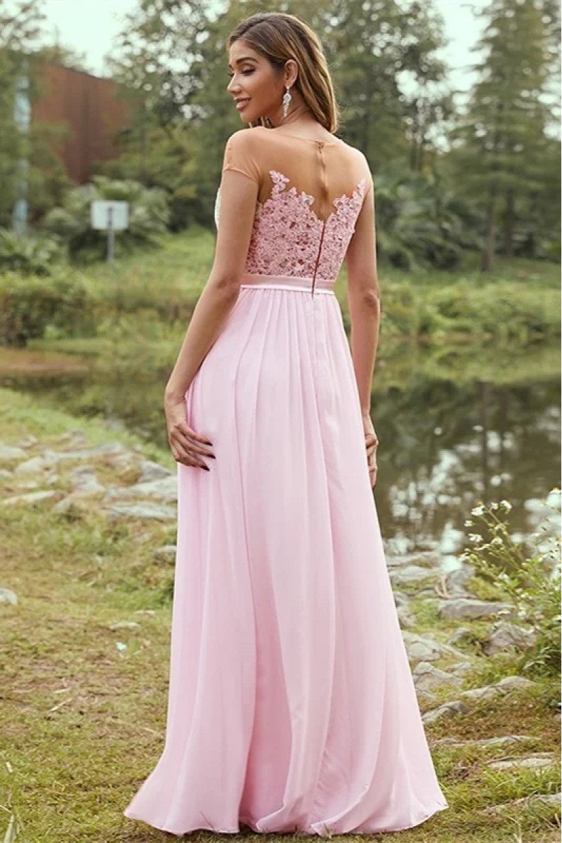 Alexia Lovely Candy Pink Sheer Straps Side Slit Appliques Sheath Bridesmaid Dresses