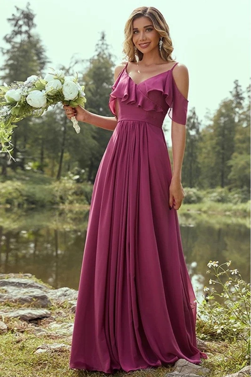 Alison Gentle Grape Off Shoulder Open Back Sheath Bridesmaid Dresses