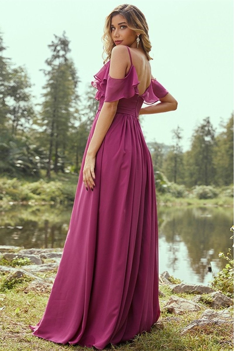 Alison Gentle Grape Off Shoulder Open Back Sheath Bridesmaid Dresses