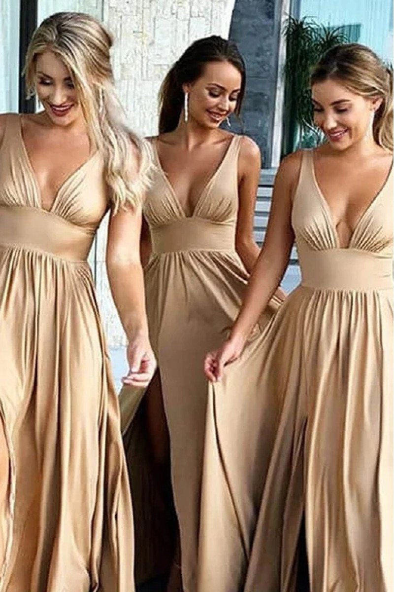 Alma Mild Gold V-Neck Side Slit Open Back Sheath Bridesmaid Dresses