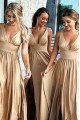 Alma Mild Gold V-Neck Side Slit Open Back Sheath Bridesmaid Dresses