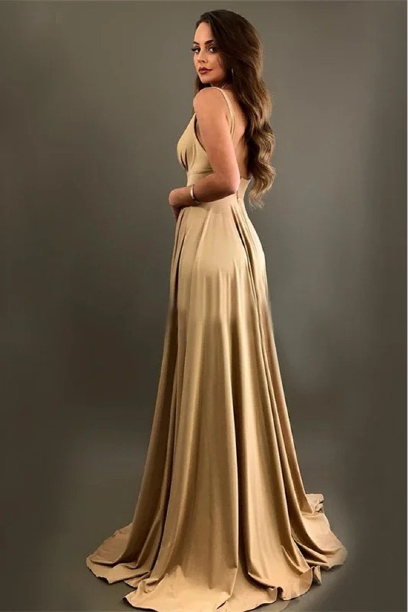 Alma Mild Gold V-Neck Side Slit Open Back Sheath Bridesmaid Dresses