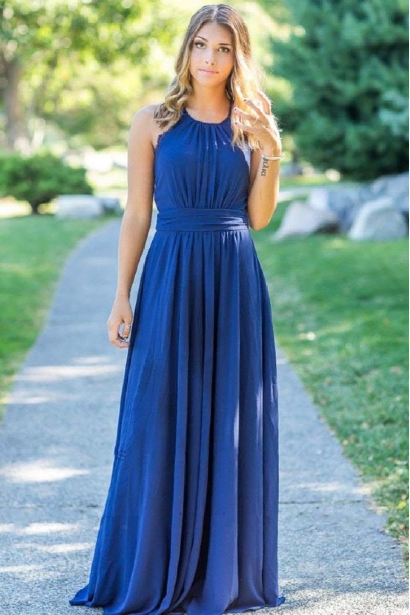 Amanda Simple Dark Blue Halter Open Back Sheath Bridesmaid Dresses