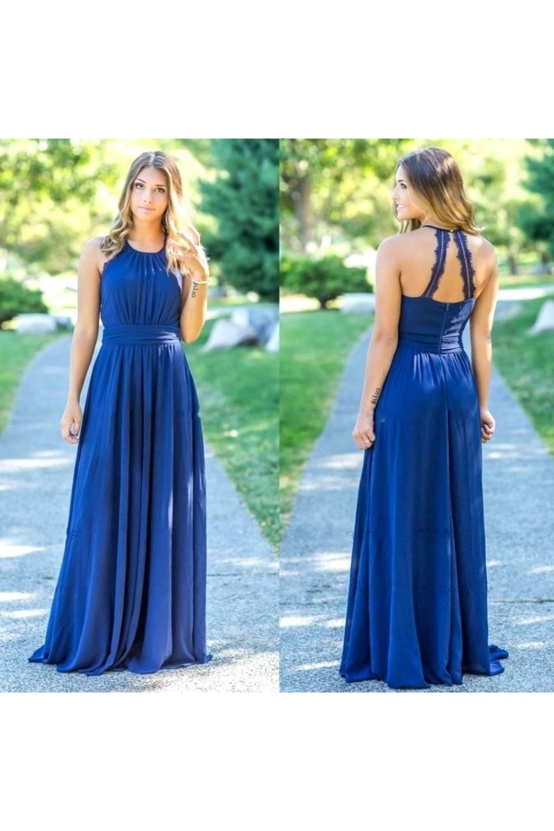 Amanda Simple Dark Blue Halter Open Back Sheath Bridesmaid Dresses