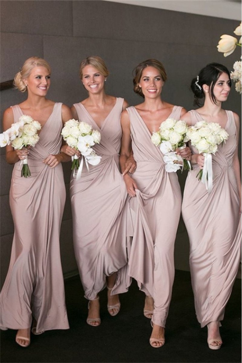 Amelia Chic Dusty Pink V-Neck Sleeveless Sheath Bridesmaid Dresses