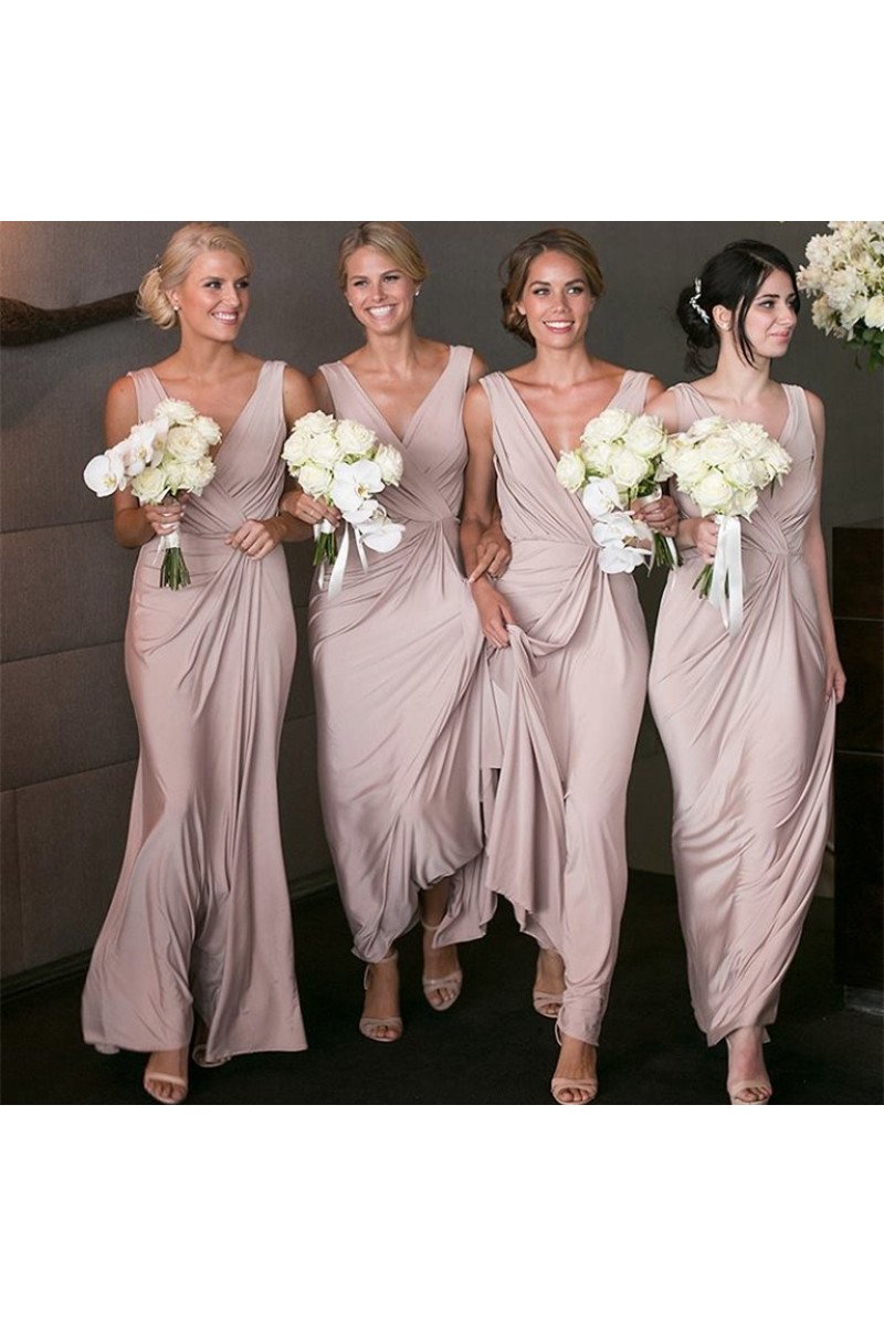 Amelia Chic Dusty Pink V-Neck Sleeveless Sheath Bridesmaid Dresses