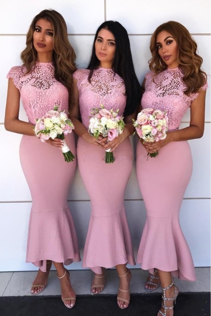 Andrea Charming Candy Pink High Neck Appliques Mermaid Bridesmaid Dresses