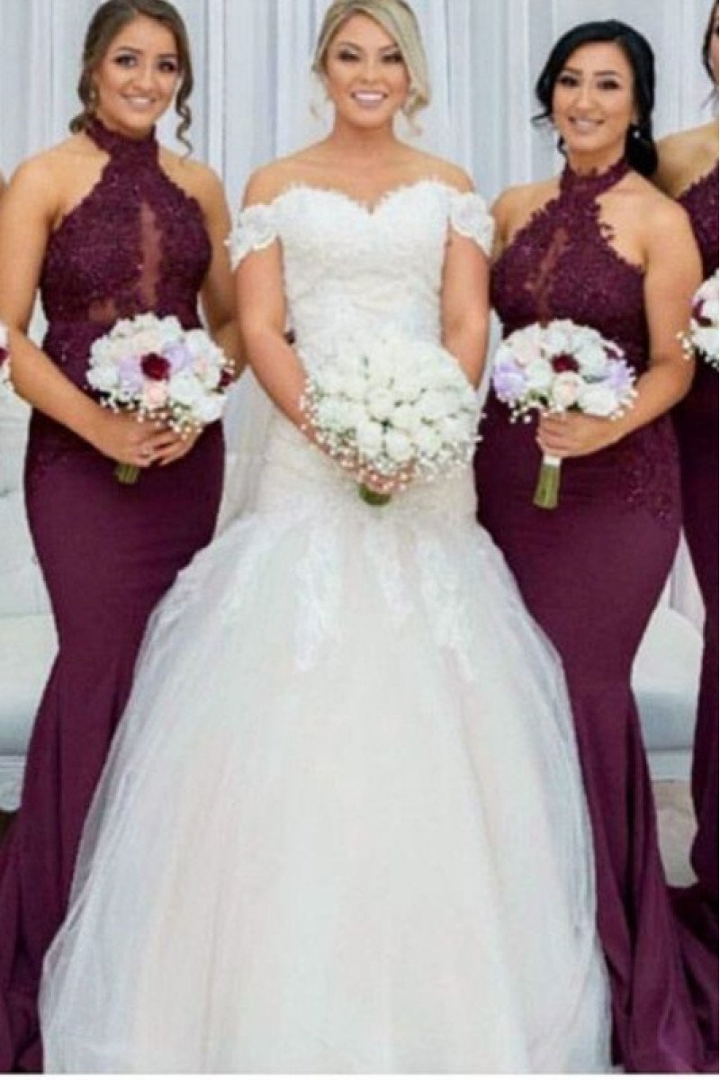 Angel Mild Burgundy Halter Open Back Appliques Sheath Bridesmaid Dresses